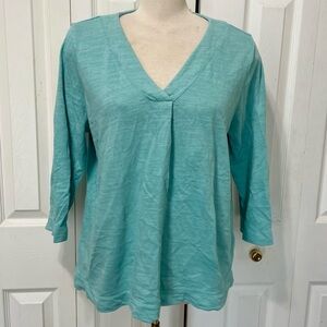 Pure Jill 100% cotton, large petite Aqua V-Neck Women's Top